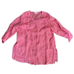 Eileen Fisher Woman 2XL Coral Red White Stripes Linen Tunic Blouse 3/4 Sleeves